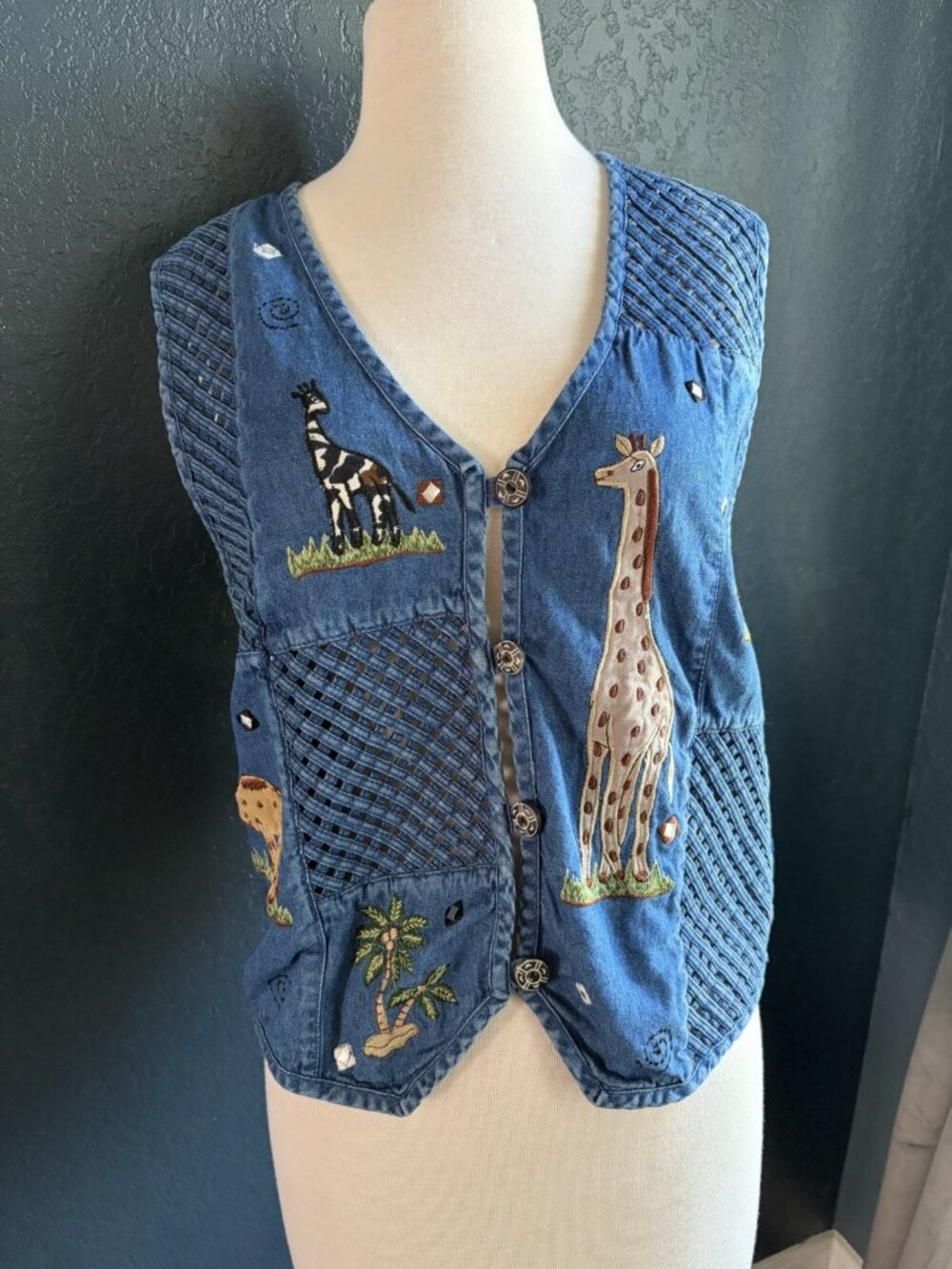 90s New Direction Vintage Denim Tropical Animal Embroidered Vest Size Small (PL)